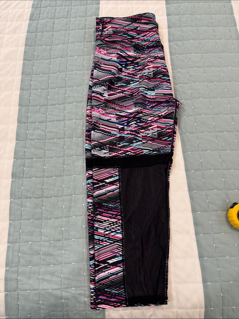 Fabletics Black, Pink & Blue Geometric Mesh-Panel Leggings